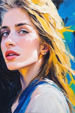 A painting of an attractive, carefree, blonde girl with long hair cascading along the side of her face. Her gaze goes beyond, revealing a joyful expression that dominates her features. The brushstrokes are expressive, effectively conveying her mood through dynamic strokes. The color palette predominantly features light hues, enhancing the atmosphere. The composition centers on her face, capturing the depth of her emotions in that moment, geometric background.