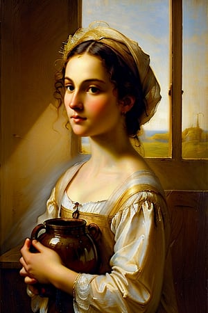 Golden light pours through the window's ornate frame, casting a majestic drop shadow on the subject's serene face. Subsurface scattering imbues her porcelain-like skin with an ethereal glow. In the style of Raphael, this oil painting masterpiece captures the essence of The Dutch Milkmaid, circa 1880s, as she gazes softly into the distance, her hands cradling a delicate jug.