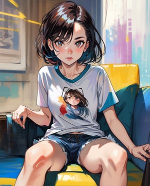 Sharp focus, dramatic, photorealistic painting art by midjourney, old mengroup  sitting, (t-shirts:1.2),(shorts), ((by lane)), (looking at viewer:1.2), (detailed pupils:1.3), wat3rc0l0r
