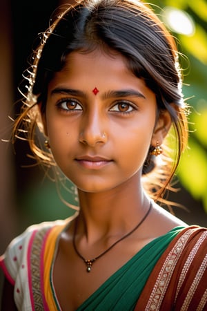 Half-length portrait of an Indian girl, in a summer dress, Warm sunlight casts a gentle glow on her brown features, capturing her beuty. Her hazel eyes, with medium pupils and delicate eyelashes, shine like embers. Softly reflected highlights adorn her dark hair, while detailed facial expressions convey her warmth. Natural skin texture, precise ear, eyebrow, and eyelash details add depth to the image. She stands casually against the vibrant landscape, captured with the Sony a7 III's exceptional lens.