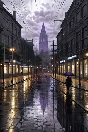Mystical Melbourne afternoon: A textured relief oil painting featuring a tram, gliding along cobblestone streets. Pedestrians, some with umbrellas, stroll beside the tracks as their reflections seen on the rainy ground. Against this mystical backdrop, the sky's deep blues and purples hint at a recent rain shower.