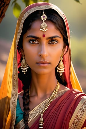 Honor's Veil: Half-length portrait of a widowed Indian princess, sari now armor-plated, valiantly fighting off enemies in the great outdoors. Warm sunlight casts a gentle glow on her brown features, capturing her anguish. Her hazel eyes, with medium pupils and delicate eyelashes, shine like embers. Softly reflected highlights adorn her hair, while detailed facial expressions convey her determination. Natural skin texture, precise ear, eyebrow, and eyelash details add depth to the image. Tiny facial hairs subtly enhance the realism, as she stands resolute against the unforgiving landscape, captured with the Sony a7 III's exceptional lens.