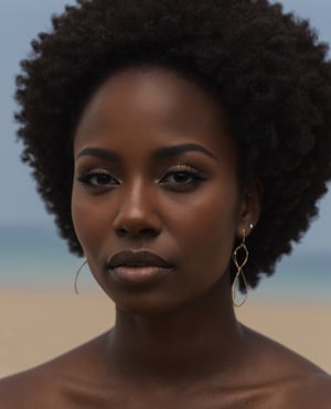 a beautiful young black girl with a tattoo, beautiful Afro-Cuban hair, frosty lips, small earrings,intricate high quality details, beach shore background  photorealistic