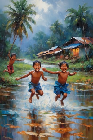 Vibrant hues of a monsoon-soaked Thailand village come alive with a group of carefree children leaping into the serene river, their laughter and joyful shouts muffled by the pounding raindrops. The sky above is a kaleidoscope of blues and grays, with rain-lashed palm trees swaying gently in the downpour. The warm glow of oil paints brings forth the rustic charm of the village, where children's games are suspended only by the force of nature's fury.