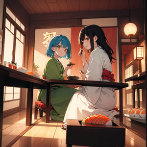 Masterpiece, Top quality, High definition, Artistic composition, Two girls, Friends, Japanese Eatery, Sitting eating Sushi, Smiling, Talking, Looking away, Retro store, From side, Impressive light, Portrait, Fork in hand, High color temperature