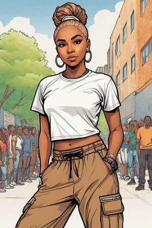 A color pen ink-manga-style illustration of a brown-skinned female street dancer with on side shaven and blunt cut, gazing directly at the viewer. She sports a pose in a crop Tee with baggy cargo pants, revealing a slim midriff, an eyebrow piercing, and a confident expression. The background is a campus scene, adding to the urban atmosphere. The focus is solely on her dance form, framed by a subtle border. Her official alternate hairstyle adds an edgy touch to this 2 tone chromatic portrait.