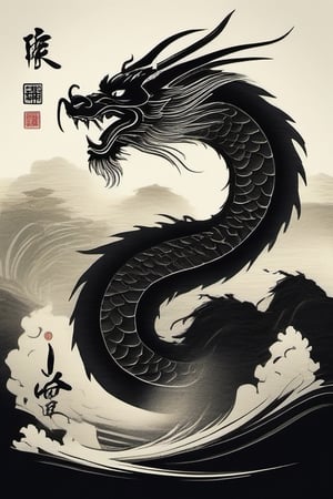 Chinese ink style, a long dragon approaches 