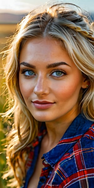 A full cowboy shot of a Russian blonde girl, in a blue-red-white, plaid shirt, set against a bright countryside background with bold brushstrokes and vivid hues, capturing the essence of her lively nature. She sits confidently, gazing directly at the camera with a mischievous grin, her tinted hair styled in loose waves framing her striking features. The lighting is warm and vibrant, highlighting the golden undertones of her skin and the rich colors of her bluish-Grey eyes.