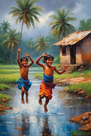 Vibrant hues of a monsoon-soaked Indian village come alive with a group of carefree children leaping into the serene river, their laughter and joyful shouts muffled by the pounding raindrops. The sky above is a kaleidoscope of blues and grays, with rain-lashed palm trees swaying gently in the downpour. The warm glow of oil paints brings forth the rustic charm of the village, where children's games are suspended only by the force of nature's fury.