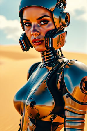 solo, masterpiece, best quality, perfect face, body shot of a cyborg mechanic girl wearing leather suit, sexy, dreary, apocalyptic, sandy, futuristic, Mad Max cinematic style
