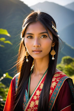 Half-length portrait of an Indo-Chinese girl, radiant in a North-East Indian tribal dress, set amidst the majestic mountainside. Warm sunlight casts a gentle glow on her features, accentuating the delicate curves of her hazel eyes and the soft flutter of her eyelashes. Her dark silky hair falls softly around her face, as natural skin texture and precise facial details convey her warmth. She stands casually against the vibrant mountainous backdrop, captured with the Sony a7 III's exceptional lens, where the rolling hills and lush greenery blend seamlessly into the frame.