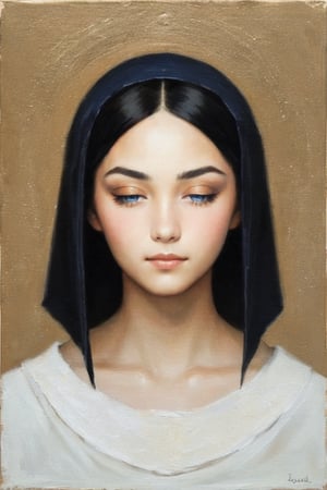 In a masterpiece of highest quality, 'Our Lady of Sorrows' occupies the centered composition, symmetrically aligned with perfect balance and equal spacing on both sides. Her pale white skin is rendered in exquisite detail, with closed eyes and a serene expression. The background is abstract, featuring dull and muted colors that provide a subtle contrast to the subject's beauty. Heavy impasto brush strokes add texture (1.4) as natural light and volumetric lighting create a sense of depth and dimensionality.