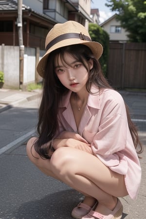 Miyaki's piercing gaze fixes on the viewer, , her silky brown-black hair immaculately tied up under her fedora hat, as she poses on a Tokyo suburban street in a grey suit and pastel pink shirt with red canvas keds. The soft glow of the sun, casts a warm ambiance, accentuating her lips and the sharp line of her jaw. Her expressive brown eyes mesmerizing the scene.