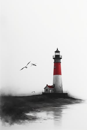 charcoal \(medium\), 1lighthouse, red-white stripe lighthouse,, solo, white/grey hues, shore, background, gulls flying, monochrome, greyscale, tinted, 
masterpiece, best quality, aesthetic, 