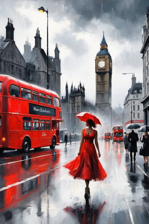 A misty evening drapes the wet London cityscape as a monochrome silhouette woman, dressed in a striking gown, twirls elegantly beneath the rain-soaked streets. A vibrant red double-Decker bus rides along. A typical rainy moment in London, captured beautifully by the artist with reflections across the wet pavement, creating a captivating visual symphony.