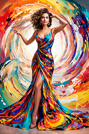 An attractive woman, wearing a clingy alluring design dress, creates a mesmerizing visual spectacle, medium breast, vibrant colors, shapes of the dress accentuate the woman. The background spiral depicts the vibrant colors and abstract design create an illusion of depth and movement that enhances her allure and sensuality
