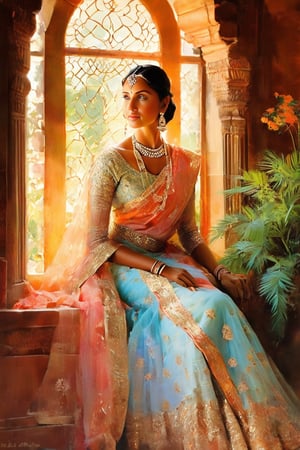 Majestic Indian Queen: A regal subject sits poised at an arched window, gazing out upon the lush royal gardens. Soft, warm light casts a gentle glow on her dignified features, exuding elegance, modesty, and humility. Her renowned beauty is a beacon of admiration throughout the region, as subjects revere and adore their benevolent ruler.