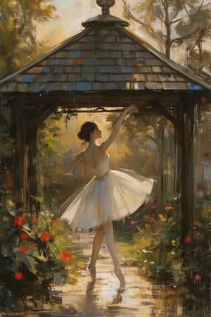 A graceful ballerina in a flowing tutu, practicing her pirouettes in a charming backyard gazebo. The scene is bathed in soft, golden evening light, casting gentle shadows on the wooden structure. The ballerina stands en pointe, her arms extended elegantly, as she spins gracefully. The gazebo is surrounded by lush greenery and blooming flowers, creating a serene and picturesque setting.