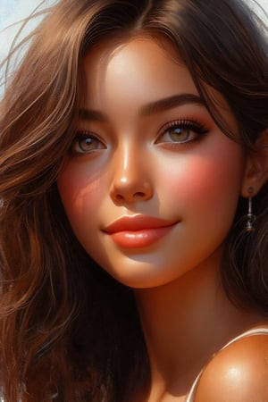 A close-up painting of a beautiful brown girl,
with light eyes, springy long hair,
a beautiful art portrait
basking sunlight, wide lips, smile, 
gorgeous eyes, matte
painting, gouache colors, hyper-
realistic, figurative art, chromatic
fusion.