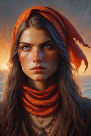 A Young Woman's Turmoil: A portrait of a young woman with a fiery red paisley bandana wrapped around her head, grasping her wavy tresses as if holding back the turmoil within. Orange-hued lighting casts a warm glow on her stoic face, where soft brushstrokes evoke Gerald Brom's style to reveal scarred skin and raged emotions. Her intense gaze conveys the depth of her anger, while the background swirls with colors echoing her thoughts, gradually fading into darkness, as if her turmoil is spilling out into the world.