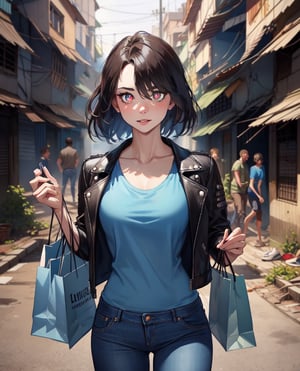 Sharp focus, dramatic, photorealistic painting art by midjourney and greg rutkowski, 1girl, (blue t-shirt:1.2), (leather jacket), (jeans), ((city slums)), (looking at viewer:1.2), (detailed pupils:1.3), (holding a shopping bag:1.1),Indian wat3rc0l0r