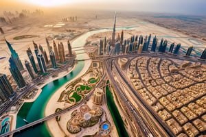 A breathtaking aerial shot from the helicopter above Burj Khalifa's peak: Dubai's metropolis sprawls beneath, bathed in warm sunlight as Sheikh Zayed Road pulses with activity. Towering skyscrapers stand tall amidst vibrant streets, while the distant hum of traffic and chatter harmonize in a lively symphony. The serene creek glimmers in the distance, its tranquil waters a striking contrast to Dubai's frenetic energy.