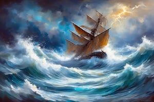 A serene Indian-inspired watercolor scene: The turbulent sea, the Naval ship briskly withstanding the harsh, strong lashes of the tempestuous waves. Bold, rigorous, brushstrokes across the canvas, blending rich colors to evoke the vibrancy and rage of the waves. The flash of lightning provides the light to this action masterpiece.