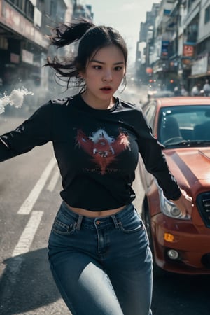 Here's a high-quality prompt for a photorealistic image:
A stunning, photorealistic image of a young girl with striking features: long black hair blowing in the wind, dressed in a long sleeve t-shirt and jeans, showcasing her athletic build. Her bright big eyes sparkle as she is running alongside a car to attack her enemy inside, a dynamic action scene, reminiscent of a blockbuster movie scene. The background reveals the vibrant market streets of Mongkok, Shot from a wide-angle lens with a cinematic flair, capturing every detail of this fit and fierce young warrior, effortlessly executing Kung fu moves.