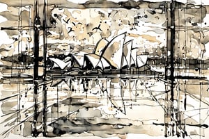 Sketch in  ink of a masterpiece, best quality,  style, Sydney Opera painting, reflecting on the wet floor. The image creates a feeling of tranquility and harmony,
((creation of SALVADOR DALI)),

