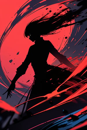A lone figure, 1girl, bursts into motion, her upper body a blur as she runs with deadly purpose. In the foreground, her assassin's gaze is fixed intently forward, a bushido waving menacingly in her hand. The background swirls with dynamic brushstrokes of ink, creating a stunning silhouette that draws the viewer's eye.