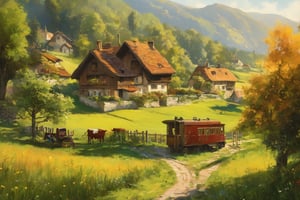 A serene oil-painted scene unfolds in a quaint Swiss village setting, where amidst an idyllic backdrop, a vintage steam engine chugs along the distant horizon, its gentle puff of smoke adding a touch of nostalgia to the rustic charm, a traditional house stands proud, its tiled roof glistening in the warm sunlight. Wooden fences and a meandering pathway lead to lush fields, dotted with cattle grazing peacefully. In the foreground, children's laughter echoes as they playfully chase each other, while adults sit quietly, observing the serene atmosphere. 