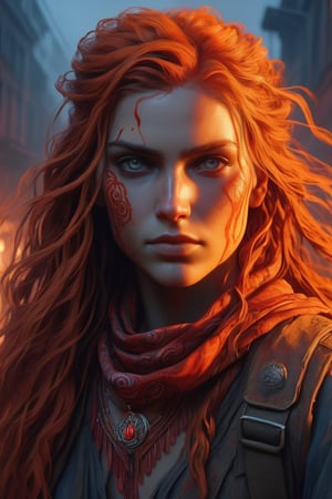 A young woman's visage, bathed in warm orange light, gazes pensively as she holds back a waterfall of wavy tresses, red paisley printed bandana tied around her forehead. Scarred skin and raged emotions etched on her face convey anger's depths. Brushstrokes evoke, capturing every detail from pockmarked skin to fiery locks. Background colors bleed from her thoughts, fading to haze, then darkness, as if her turmoil has consumed the world.