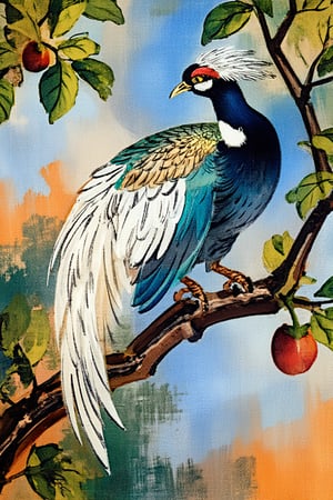 A whimsical oil painting of a majestic bird with a long, slender tail and iridescent feathers in shades of emerald green, sapphire blue, and sunshine yellow, perched atop a gnarled branch of a fruit tree, its textured bark providing a striking contrast to the bird's soft, downy plumage. The warm sunlight casting gentle shadows on the leafy surroundings, highlighting the delicate curves of the bird's neck and the intricate details of its feathers.