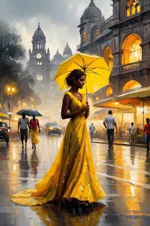 Misty evening drapes Mumbai Flora Fountain cityscape in gray veil; a monochrome silhouette woman, adorned in striking yellow gown, twirls beneath rain-soaked streets' rhythmic beat. Vibrant colored traffic ride along, illuminated by raindrops' refracted light. Reflections dance across wet pavement, harmonizing with the artist's brushstrokes to create captivating visual symphony.