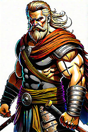 The Norseman Warrior, shielded vest, muscular, plated blonde hair, thick moustache, bandana, old rope tied, Thor styled hammer,  worn-off shied, Aggressive expression. 
ld