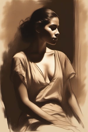 A sepia shade charoal sketch: A traditional Mexican room with warm beige walls. A subtle light falls in revealing the subject, an attractive woman, her wet hair and wet skin glisten by the soft light, showcasing her Mexican features and her natural curves. under a flimsy see-through top. 