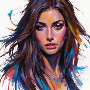 A painting of an attractive brown girl with long, flowing brown hair cascading along the side of her face. Her gaze goes beyond, revealing a dreamy expression that dominates her features. The brushstrokes are expressive, effectively conveying her mood through dynamic strokes. The color palette predominantly features colorful hues hues, enhancing the atmosphere. The composition centers on her face, capturing the depth of her emotions in that moment.