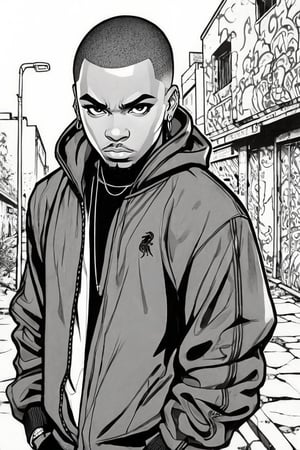 A pen ink-manga-style illustration of a dark-skinned male with short hair and bangs, gazing directly at the viewer. He sports a track jacket with hood down, revealing dreadlocks, an eyebrow piercing, and a closed-mouth expression. The background is a gritty graffiti scene, adding to the urban atmosphere. The focus is solely on the male subject, framed by a subtle border. His official alternate hairstyle adds an edgy touch to this monochromatic portrait.