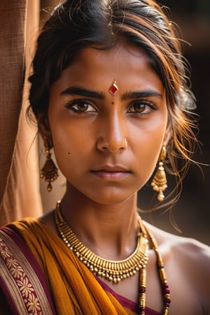 Sony a7 III captures a hauntingly beautiful half-length portrait of the Indian princess, her sari now battle-worn armor, as she valiantly fights off enemies. Warm golden light illuminates her determined face, accentuating her brown features and anguish. Her hazel eyes gleam with medium pupils, delicate eyelashes framing her fierce spirit. Soft highlights dance across her intricately rendered hair, while her facial expressions convey a mix of sadness and resolve. The camera captures every detail - natural skin texture, precise ear, eyebrow, and eyelash features - as well as the tiny hairs that add depth to her rugged visage.