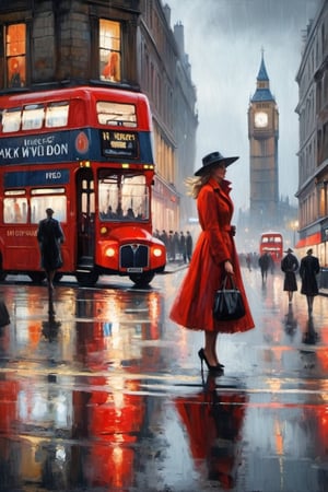 A misty evening drapes the wet London cityscape as a monochrome silhouette woman, dressed in a striking gown, twirls elegantly beneath the rain-soaked streets, her long coat swirling around her like a dark aura. The vibrant red double-Decker bus glows like a fiery ember, riding along the cobblestone streets as raindrops create miniature ripples on the wet pavement. Reflections of city lights and neon signs dance across the pavement, a captivating visual symphony of light, color, and movement.