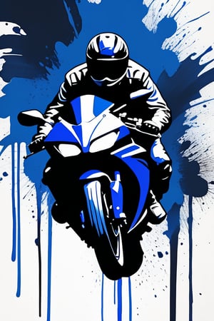 Midnight Chase: A striking still life in shades of blue and white, with bold black ink accents. Against the dark canvas, a lone figure in motion pursues another on a sleek motorcycle, their silhouettes stark against the ink-splattered background. Dynamic brushstrokes dance across the upper body, capturing the essence of a masterpiece.