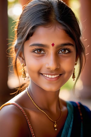 Half-length portrait of an Indian girl, in gaiety, Warm sunlight casts a gentle glow on her brown features, capturing her beauty. Her smile evident in her hazel eyes, with medium pupils and delicate eyelashes, shine like embers. Softly reflected highlights adorn her dark hair, while detailed facial expressions convey her warmth. Natural skin texture, precise ear, eyebrow, and eyelash details add depth to the image. She stands casually against the vibrant landscape, captured with the Sony a7 III's exceptional lens.