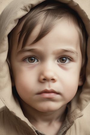 A close-up shot of a little boy's face, framed by a subtle gradient of gray-sepia tones, emphasizing the subject's features and creating a sense of depth. Ink strokes render bold simplicity, capturing the essence of their character. His eyes mischievously gaze directly into the lens, with eyelids slightly narrowed to convey curiosity, of his playful character. Soft, creamy brown background subtly textured to evoke parchment or old book pages, adding an air of nostalgia and mystery.