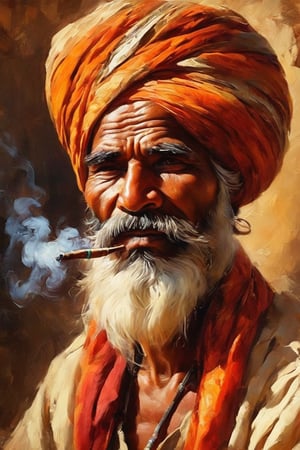 masterpiece, high quality, oil painting style, 1brown turbaned  village chief, parted beard. curved moustache, wild brows, smoking a hookah, wrinkles  revealing his experience  and expertise, traditional village backdrop 