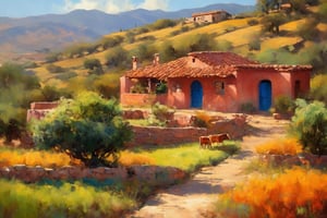 A tranquil Mexican village scene comes to life through oil brushstrokes: a centuries-old adobe home rises majestically amidst rolling hills and verdant pastures, its terracotta roof aglow in warm sunlight. A winding path meanders along a rustic well's edge, surrounded by lush fields where gentle cattle graze serenely beneath the azure sky.