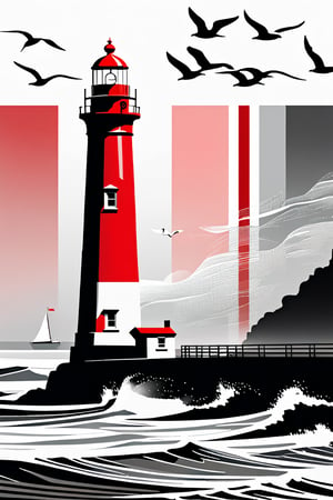 , 1lighthouse, red-white stripe lighthouse,, solo, white/grey hues, shore, background, gulls flying, monochrome, greyscale, tinted, 
masterpiece, best quality, aesthetic, 