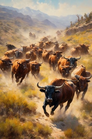 an oil painting masterpiece: a herd of wild bulls being chased by cowboys, the grand western terrain in all its splendour is brought to life in this majestic scene, master brushstrokes, enliven the image.