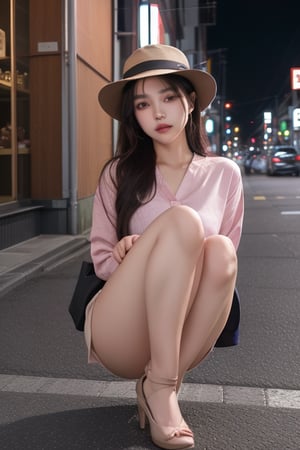 Miyaki's piercing gaze fixes on the viewer from beneath the brim of her fedora, her silky brown-black hair immaculately tied up under her hat, as she poses on a Tokyo suburban street in a grey suit and pastel pink shirt. Red Keds beneath the ankle hem of her trousers. The soft glow of city lights casts a warm ambiance, accentuating the subtle curve of her lips and the sharp line of her jaw. Her expressive brown eyes seem to absorb every detail, as if mentally documenting the scene.