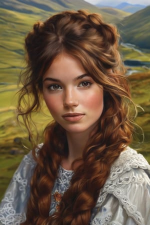 1 brown girl, art, brown hair, Extremely Realistic, artwork , Scottish Highlands 