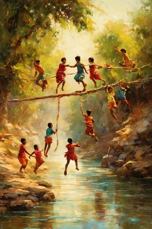 A masterpiece of oil painting style, set in a natural indian village atmosphere. Group of kids frolicking rope jumping into the river.